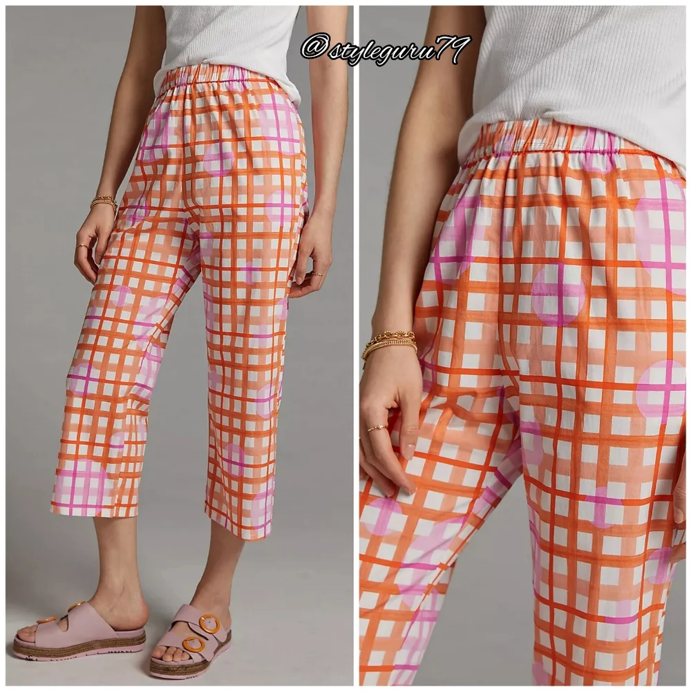 NWT, ANTHROPOLOGIE, Corey Lynn Calter Checked Wide-Leg Pants In PINK AND ORANGE - Picture 2 of 3